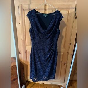 Ralph Lauren Midnight Blue Lace Sequins Chic Dress, women’s large (size 12)